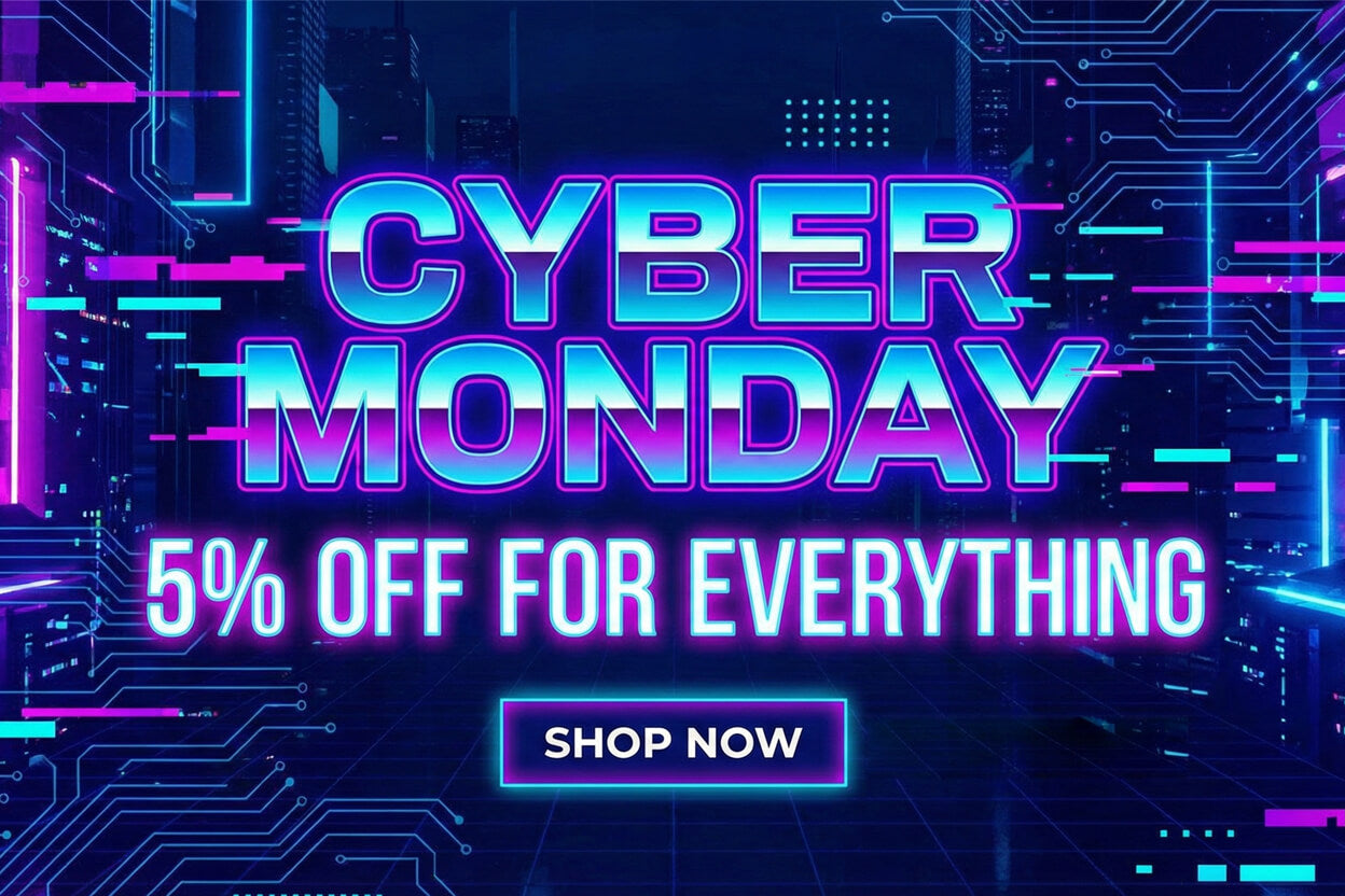 Cyber Monday promotional banner with neon text on a digital circuit board background