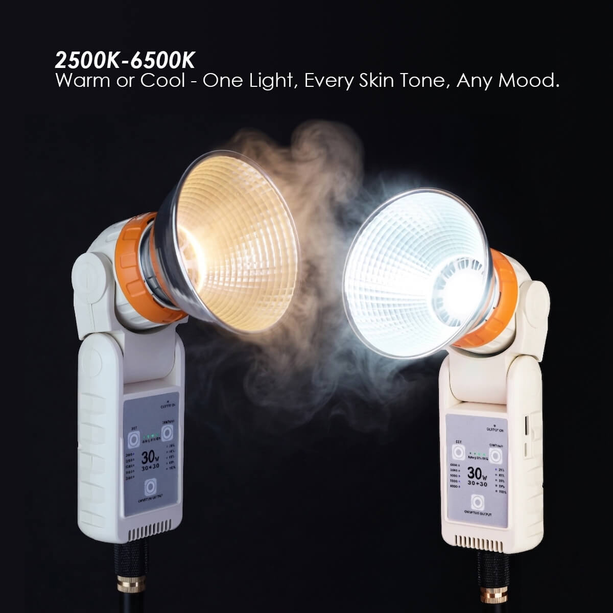 30W bi-color LED video light showing warm 2500K and cool 6500K color temperature comparison side by side