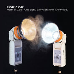 30W bi-color LED video light showing warm 2500K and cool 6500K color temperature comparison side by side
