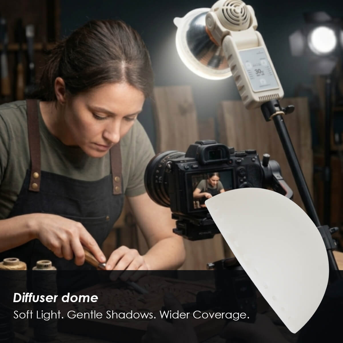 Diffuser dome on 30W bi-color LED video light used for soft fill lighting during product video recording