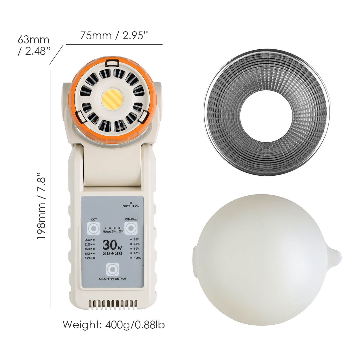 30W bi-color LED video light top view with dimensions showing COB chip reflector and diffuser dome accessories