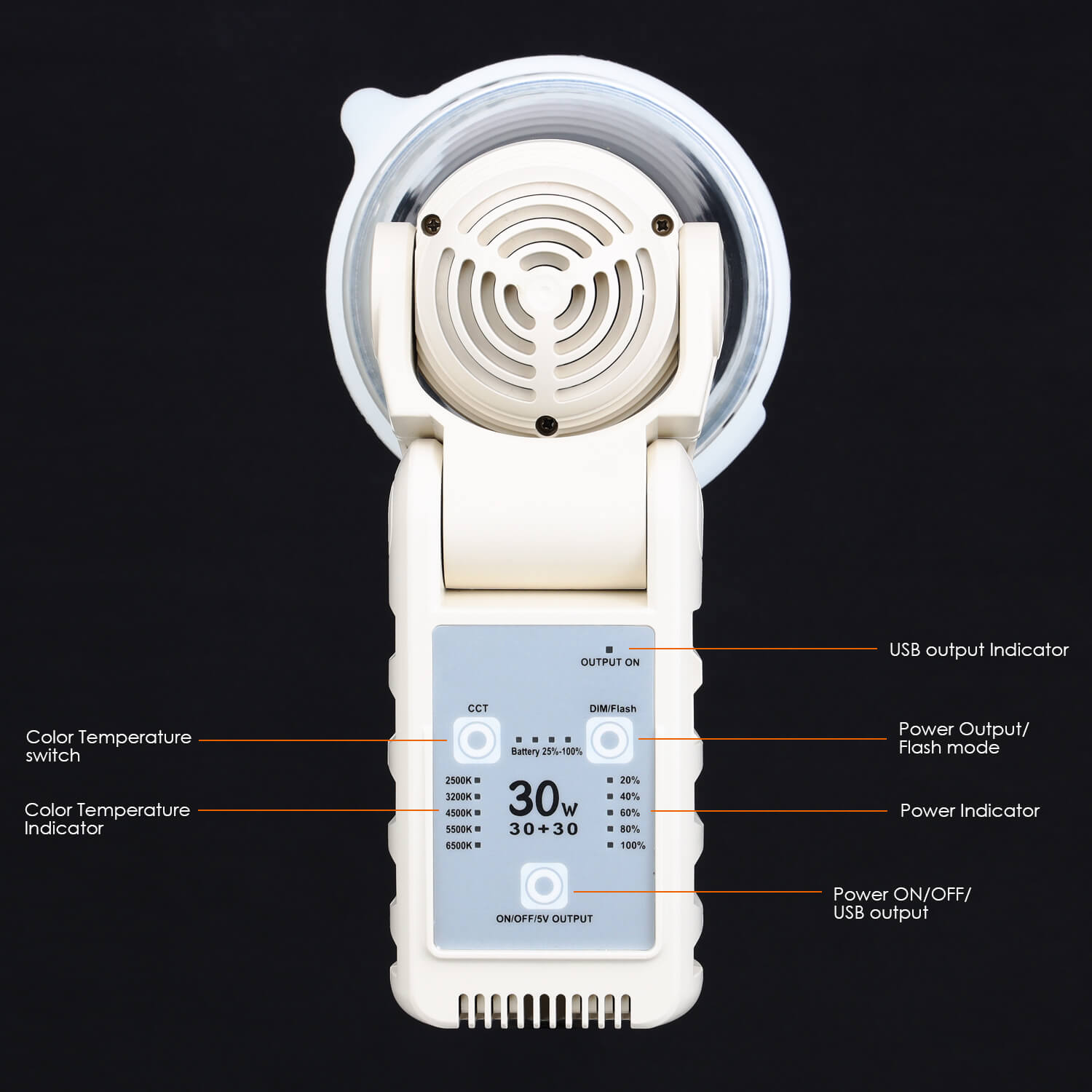 Rear panel of 30W bi-color LED video light showing color temperature switch dimming control and battery indicator