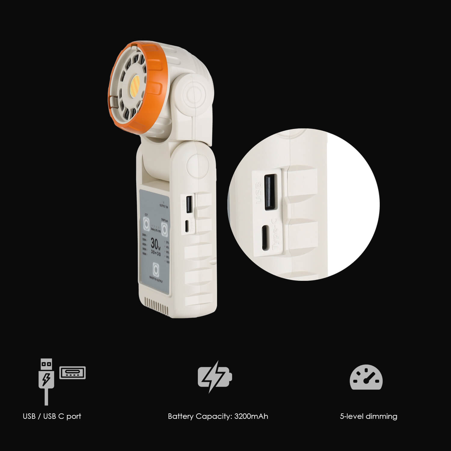 Side view of 30W bi-color LED video light showing USB and USB-C ports 3200mAh battery and 5-level dimming icons