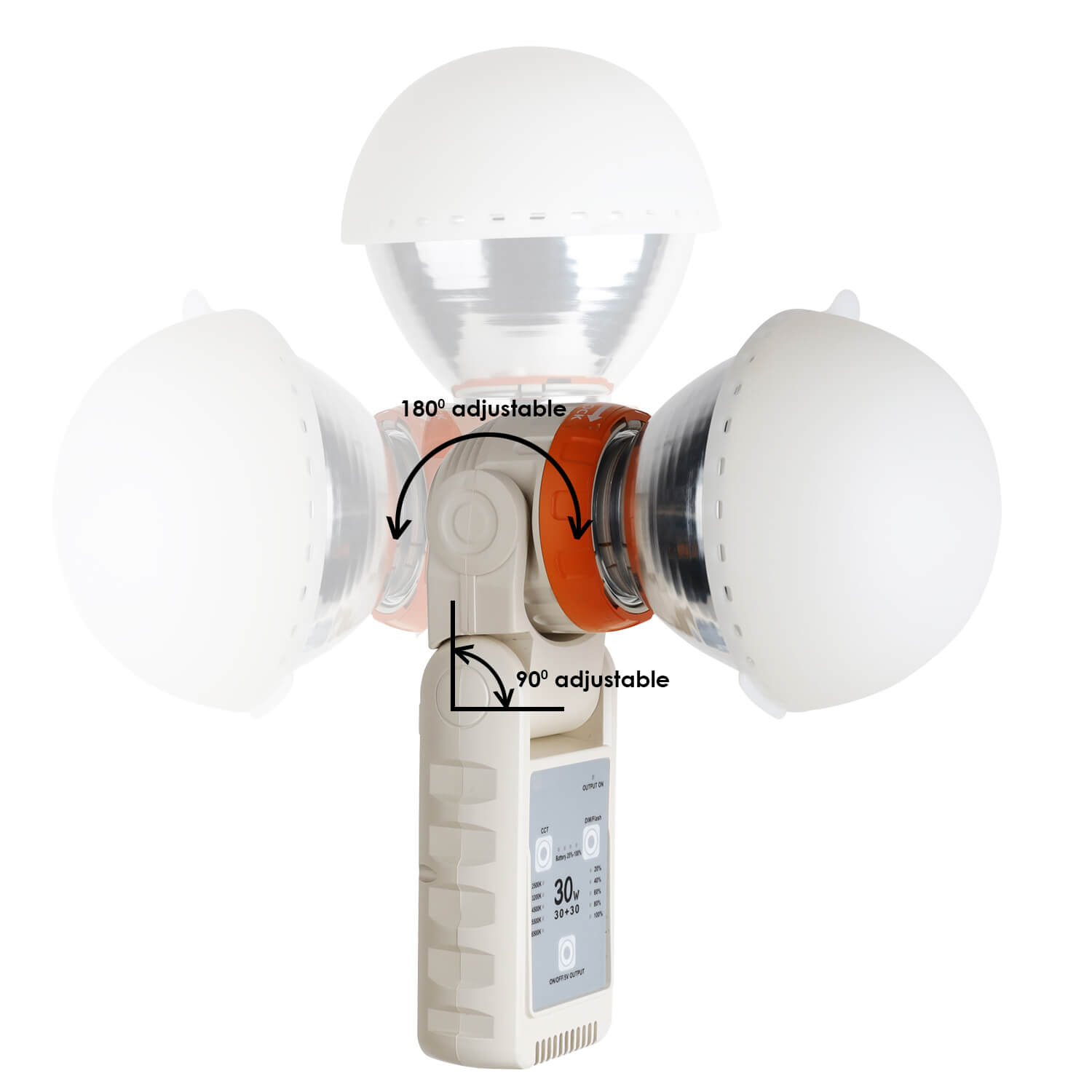 30W bi-color LED video light 2-axis adjustable head showing 180-degree rotation and 90-degree tilt range with diffuser dome