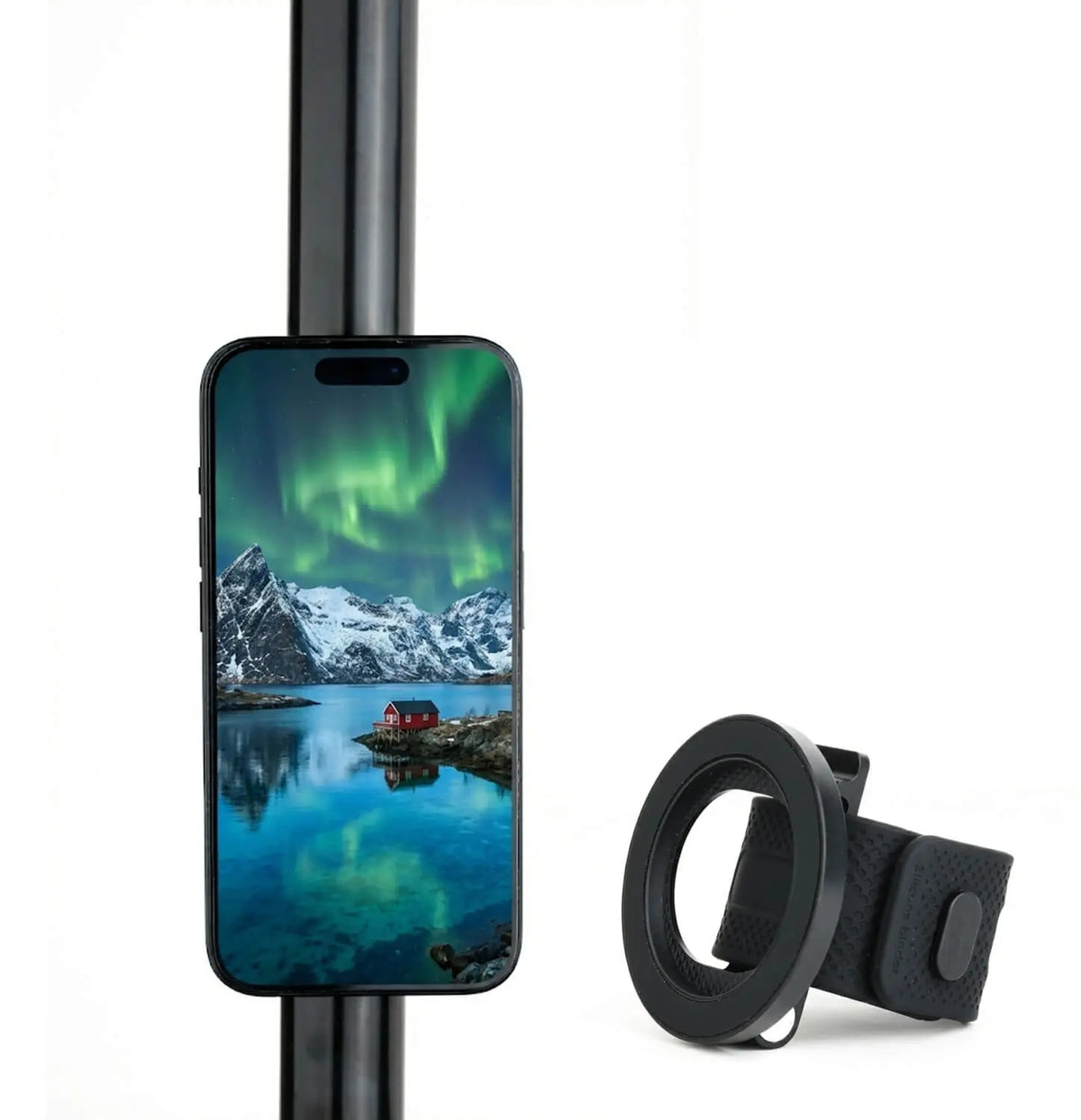 an iPhone mount on black pole, magnetic phone holder