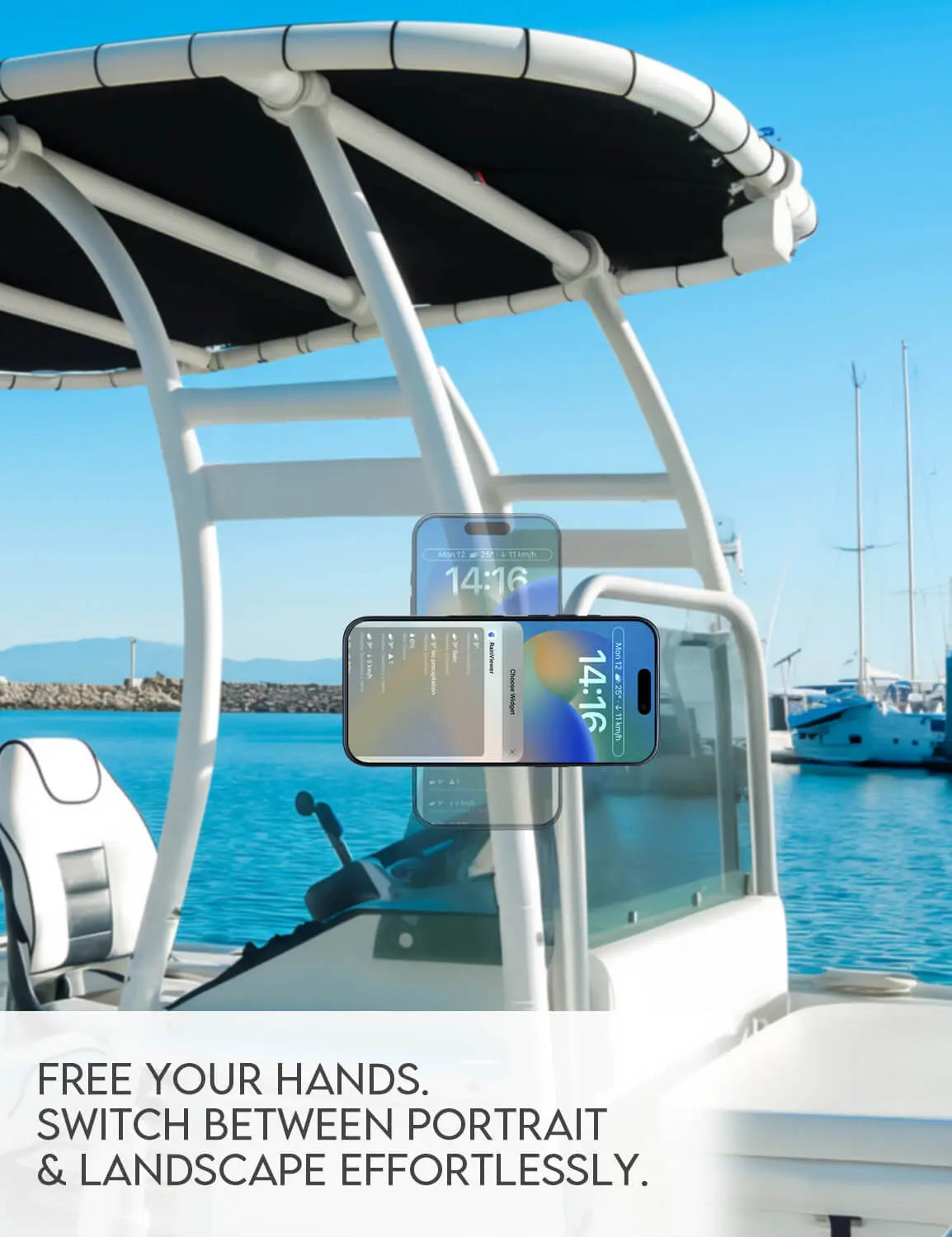 an iPhone mount on the boat T-top bar