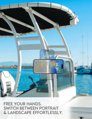 an iPhone mount on the boat T-top bar