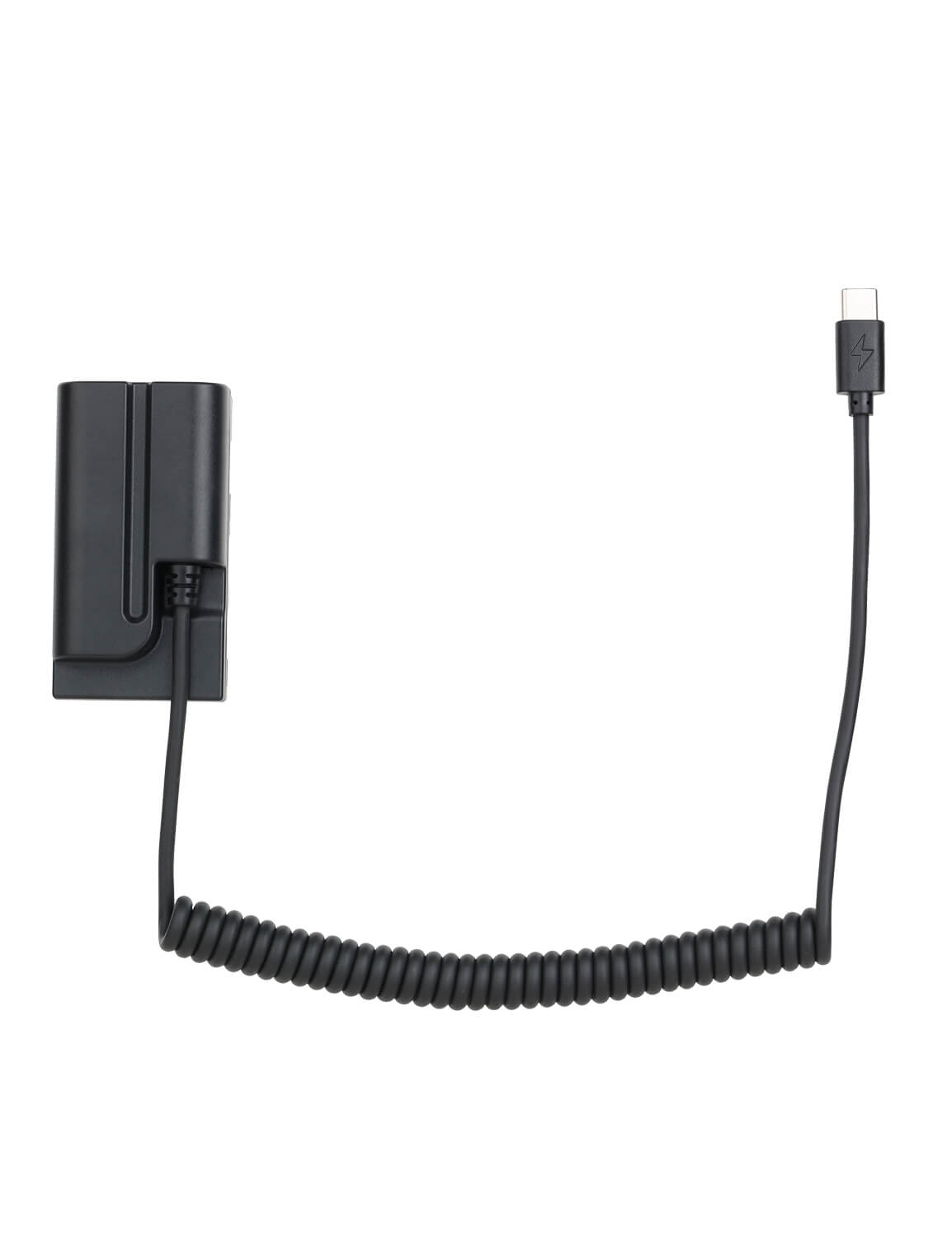 USB-C PD to NP-F dummy battery coiled power cable full length view showing spring cable design and Type-C connector