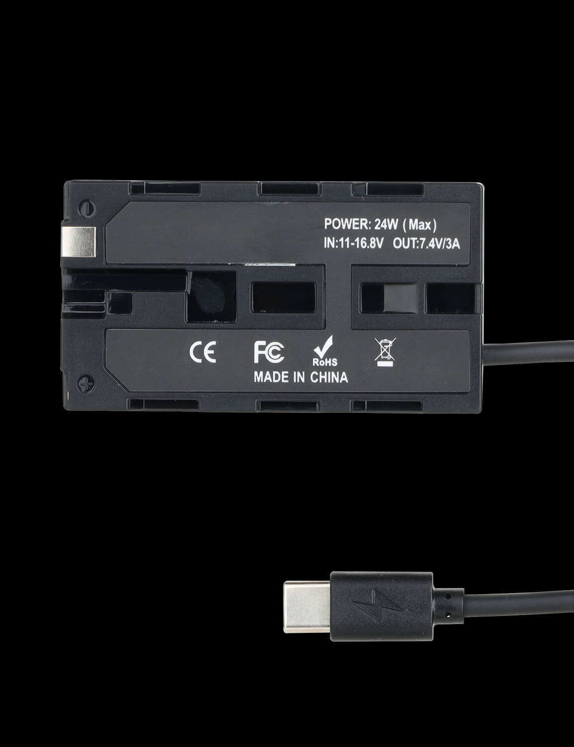 Rear view of NP-F dummy battery plate showing 24W max power rating 7.4V 3A output and USB-C PD connector with CE FCC RoHS certification
