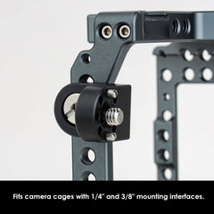 Right-angle aluminum alloy adapter with ARRI locating pins for camera rigs