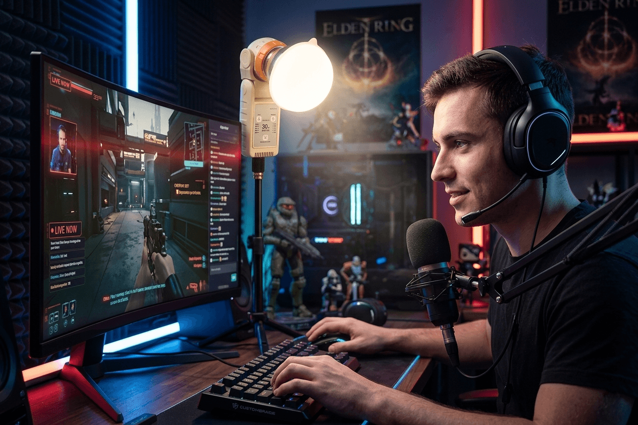 30W bi-color LED video light with diffuser dome used as streaming fill light in gaming and live broadcast setup